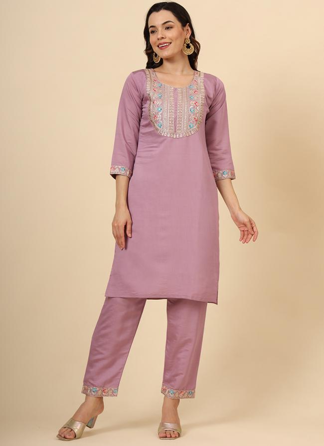 Silk Blend Pink Casual Wear Embroidery Work Readymade Straight Suit